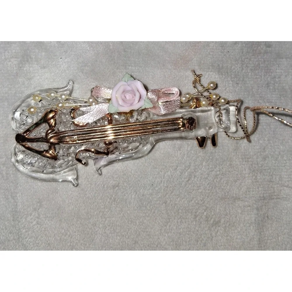 Lot of 4 Spun Glass instrument Ornaments Gold Trim Pink Roses Vintage Style